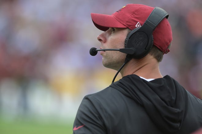Sep 10, 2023; Landover, Maryland, USA; Arizona Cardinals head coach Jonathan Gannon stands in the bench area during the second half against the Washington Commanders at FedExField. Mandatory Credit: Tommy Gilligan-USA TODAY Sports