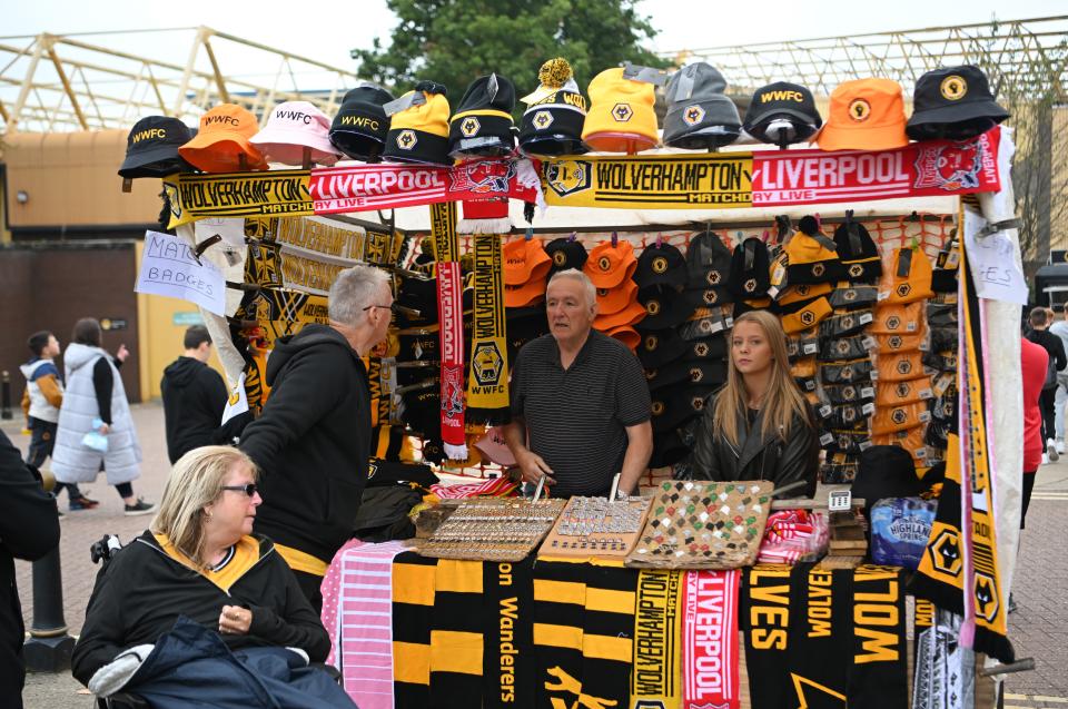 Merchandise is seen for sale outside the stadium prior to the Premier League match between Wolverhampton Wanderers and Liverpool FC (Getty Images)